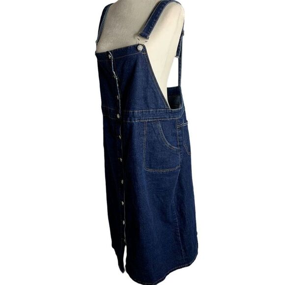 Denim Button Up Overall Pinafore Skirt 2XL Blue Stretch Pockets Adjustable Strap - Picture 3 of 7